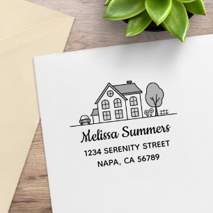 Simple House Line Art Address 4 Rubber Stamp