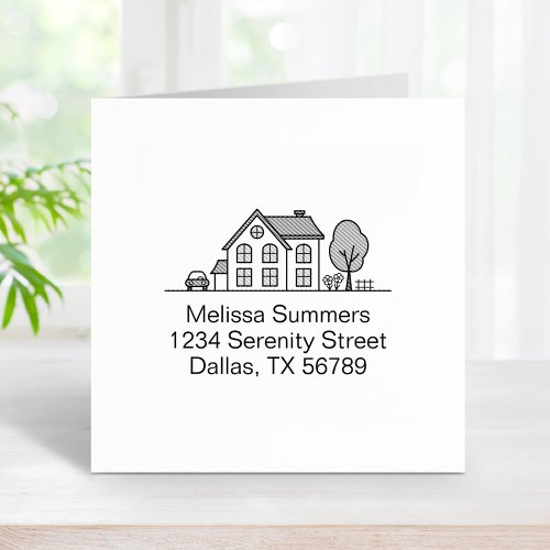 Simple House Line Art Address 4 Rubber Stamp