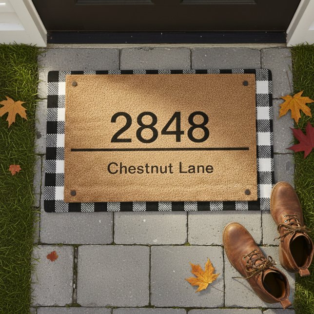 Simple House Number Sign Street Address Entryway Fiber Doormat (Simple Modern Personalized House Number and Street Name Address Sign Style Front Porch Front Doormat)