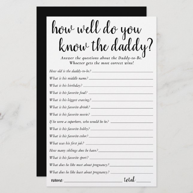 Simple How Well Do You Know Daddy | Black Keepsake (Front/Back)