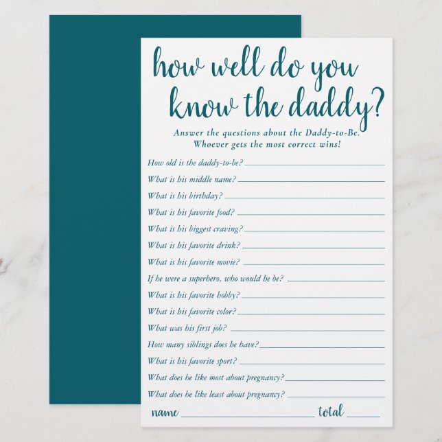 Simple How Well Do You Know Daddy | Teal Keepsake (Front/Back)