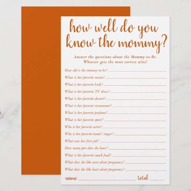 Simple How Well Do You Know Mommy | Orange Card (Front/Back)