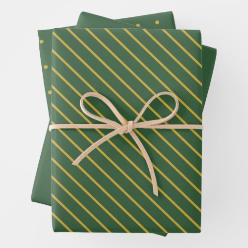 Simple Hunter Green and Gold Pattern and Solid Wrapping Paper Sheets