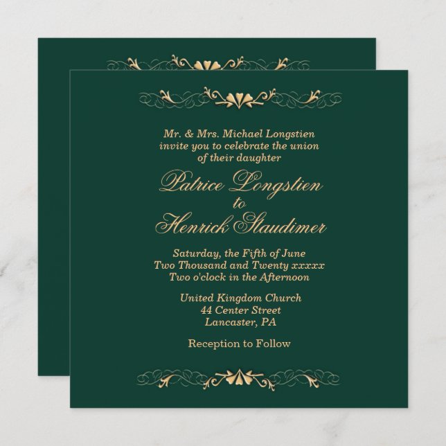 Simple Hunter Green and Gold Wedding Invitation (Front/Back)