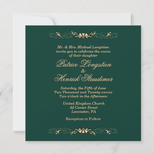 Simple Hunter Green and Gold Wedding Invitation | Zazzle