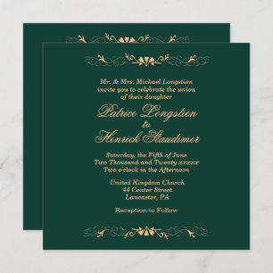 Simple Hunter Green and Gold Wedding Invitation
