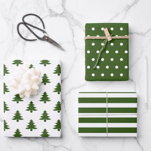 Simple Hunter Green White Christmas Trees Mixed Wrapping Paper Sheets
