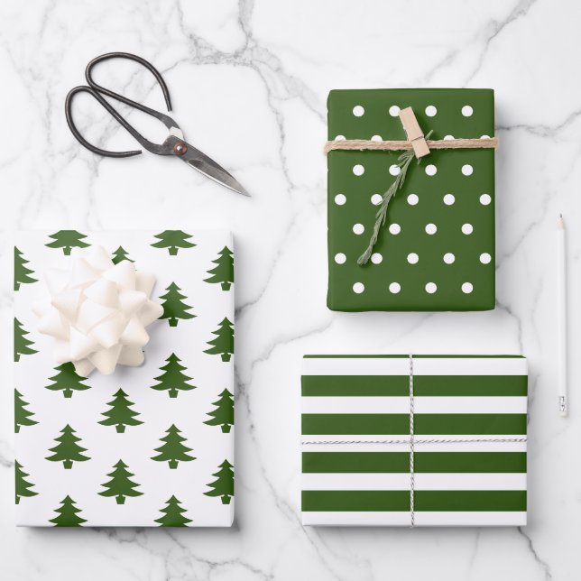 Simple Hunter Green White Christmas Trees Mixed Wrapping Paper Sheets (Front)