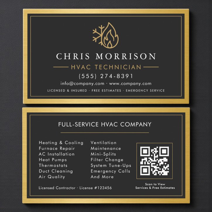 Simple Hvac Technician QR Code Gold Metallic Business Card