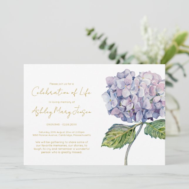 Simple Hydrangea Celebration of Life Funeral Invitation (Standing Front)