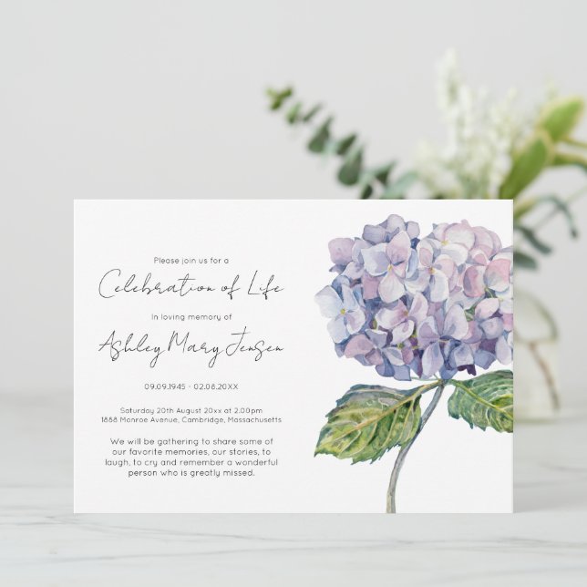 Simple Hydrangea Celebration of Life Funeral Invitation (Standing Front)
