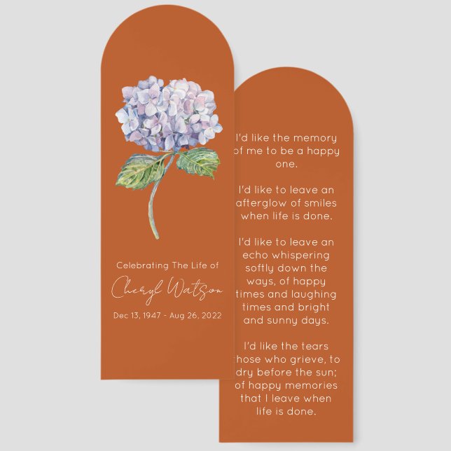 Simple Hydrangea Funeral Memorial Bookmark (Front & Back)