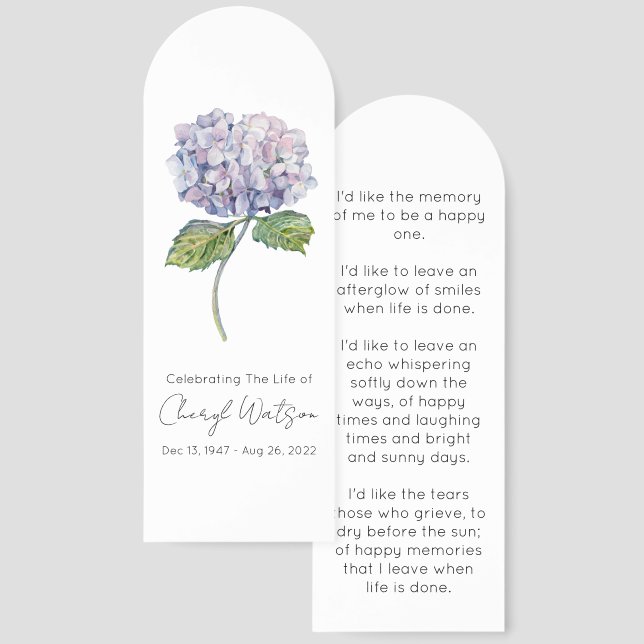 Simple Hydrangea Funeral Memorial Bookmark (Front & Back)