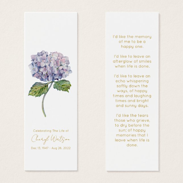 Simple Hydrangea Funeral Memorial Bookmark (Front & Back)