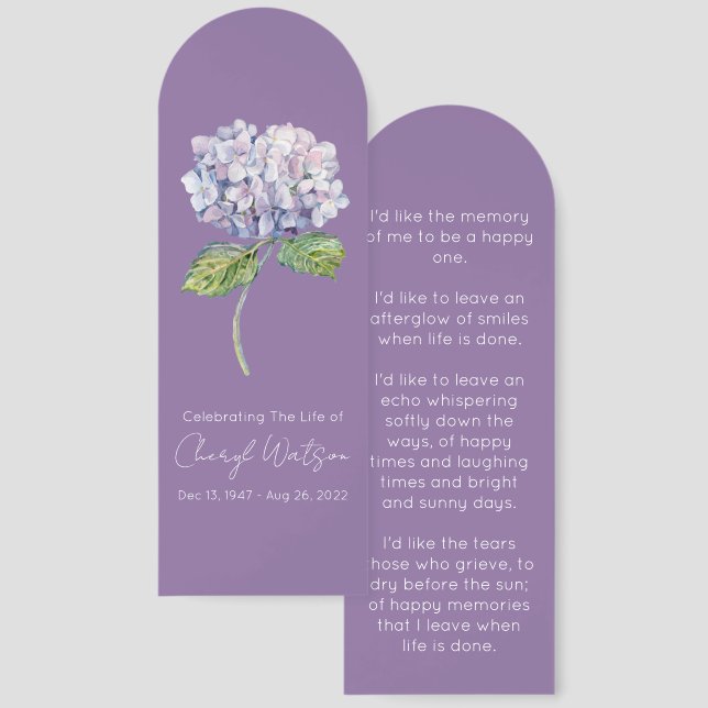 Simple Hydrangea Funeral Memorial Bookmark (Front & Back)