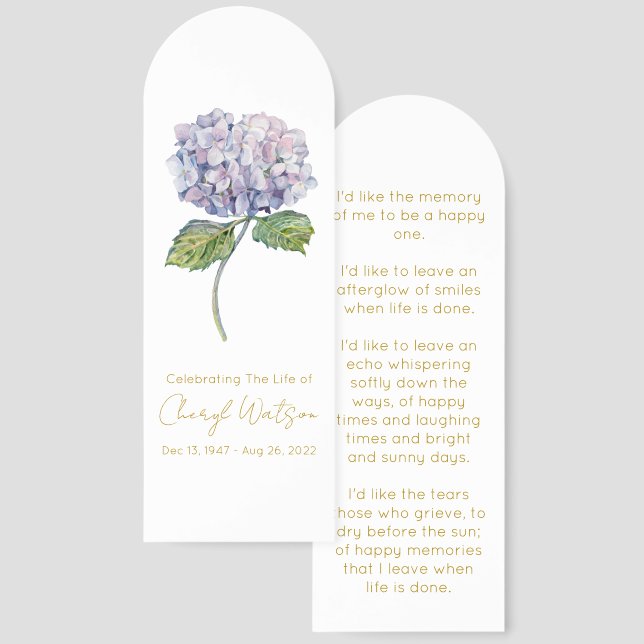 Simple Hydrangea Funeral Memorial Bookmark (Front & Back)