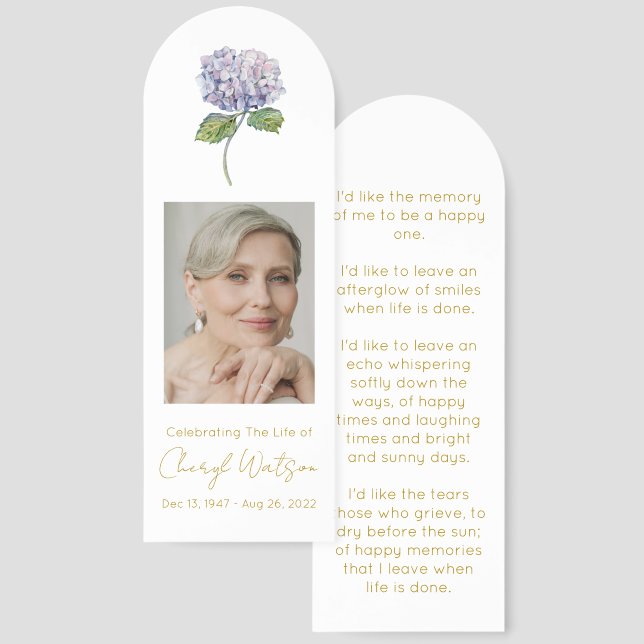 Simple Hydrangea Photo Funeral Memorial Bookmark (Front & Back)