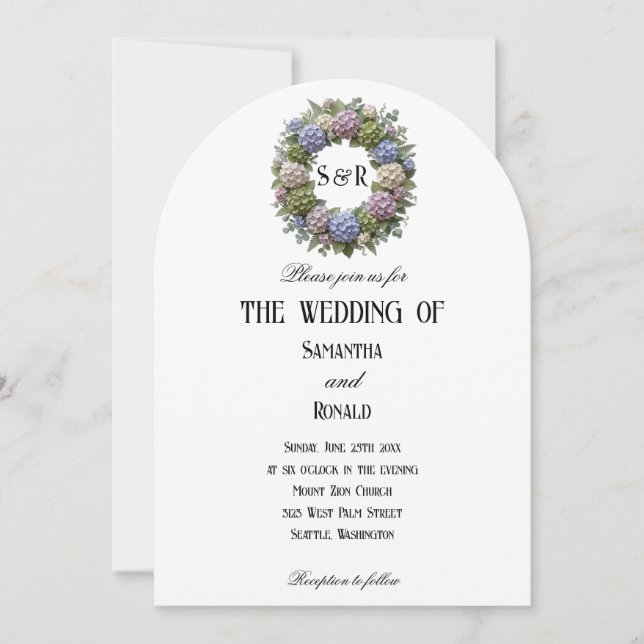 Simple Hydrangea Wreath Monogram Wedding Invitation (Front)