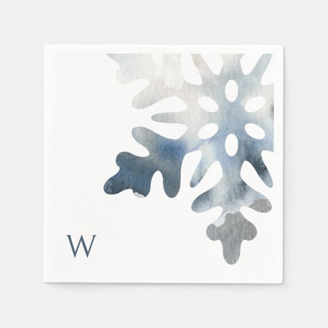 Simple Icy Blue Large Snowflake Monogram Cocktail Napkins (Front)