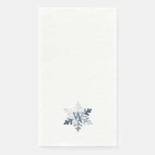 Simple Icy Blue Monogram Watercolor Snowflake Paper Guest Towels