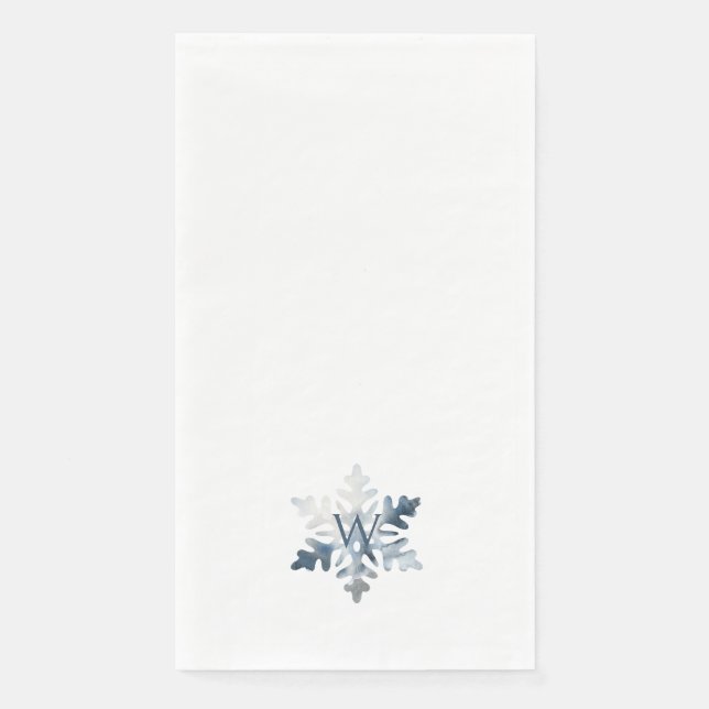 Simple Icy Blue Monogram Watercolor Snowflake  Paper Guest Towels (Front)