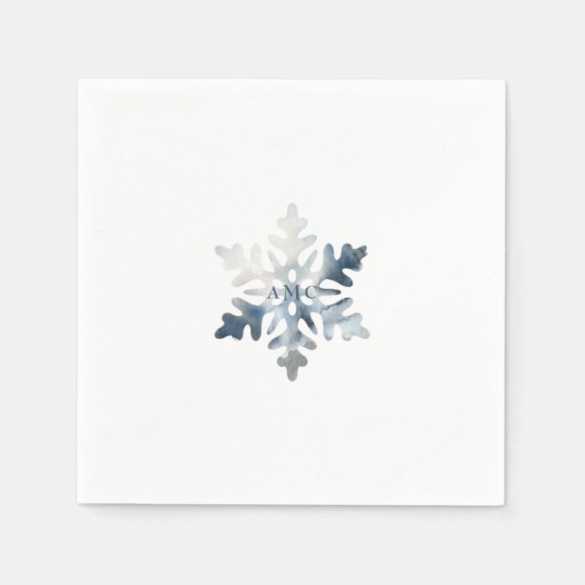 Simple Icy Blue Snowflake Monogram Cocktail Napkins (Front)