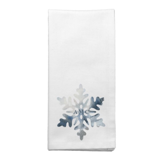 Simple Icy Blue Watercolor Snowflake Monogram  Cloth Napkin (Folded)