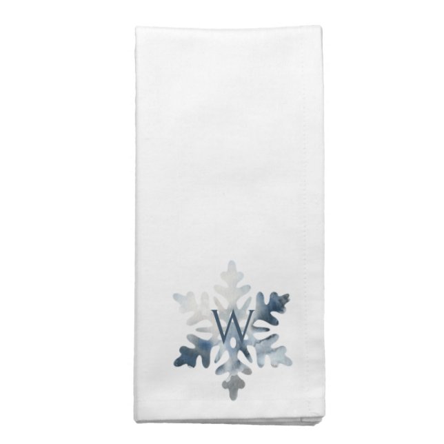 Simple Icy Blue Watercolor Snowflake Monogram III Cloth Napkin (Folded)