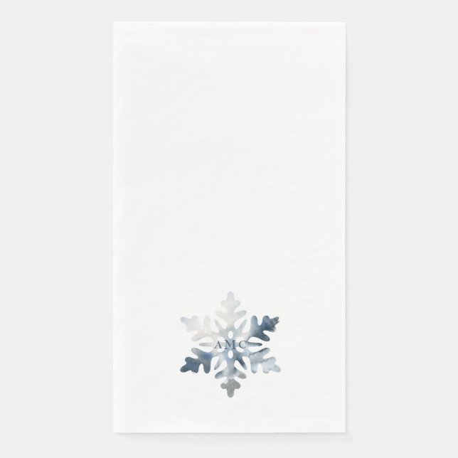 Simple Icy Blue Watercolor Snowflake Monogram Paper Guest Towels (Front)