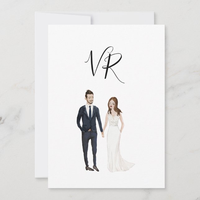 Simple Illustrated Couple Navy Suit Save The Date (Front)