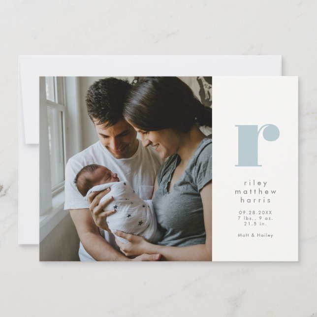 Simple initial classic blue birth announcement (Front)