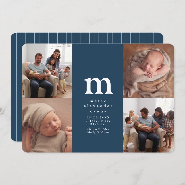 Simple initial four photo collage navy blue birth announcement (Front/Back)