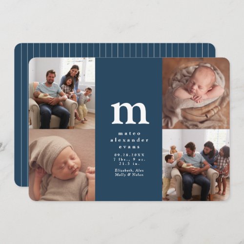 Simple initial four photo collage navy blue birth announcement