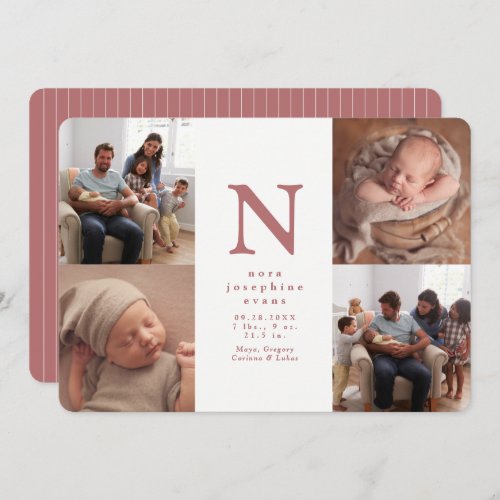 Simple initial four photo collage pink birth announcement