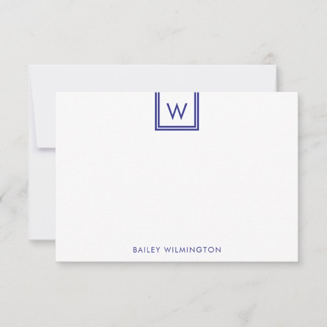Simple Initial in Box Deep Blue Stationery Note Card (Front)