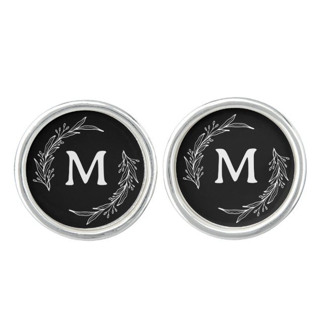 Simple Initial Monogrammed Botanical For Groomsmen Cufflinks (Front)