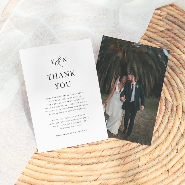 Simple Initials Elegant Wedding Photo Thank You Card (Creator Uploaded)
