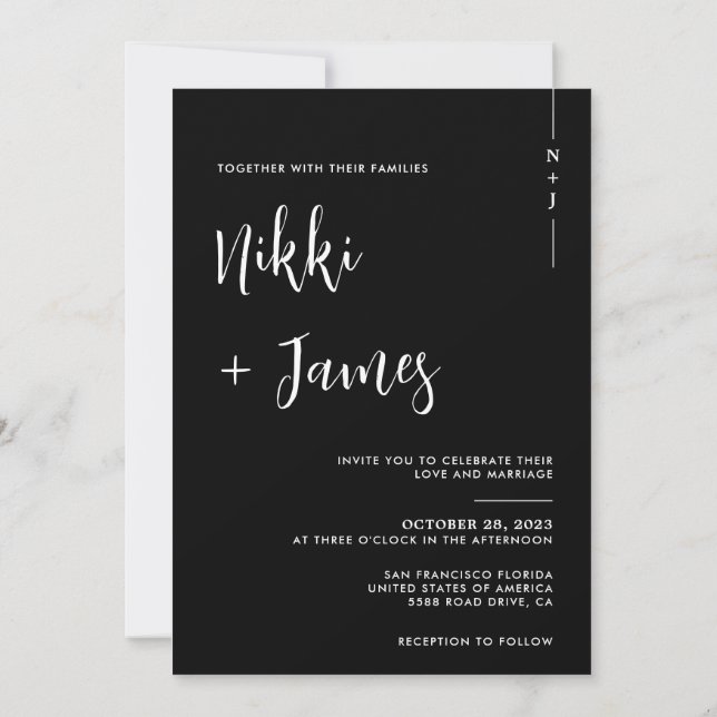 Simple Initials Script Black Photo Wedding Invitation (Back)