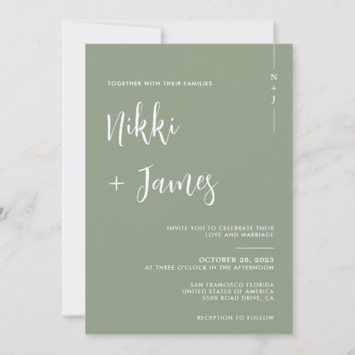 Simple Initials Script Sage Green Photo Wedding Invitation