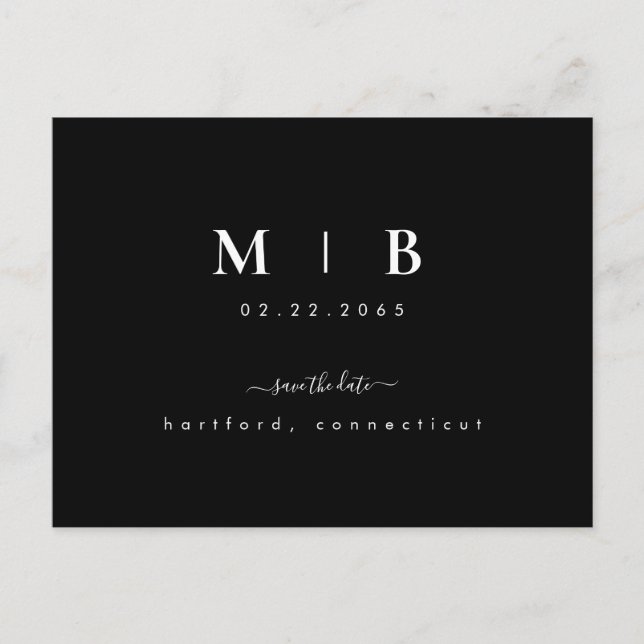 Simple Initials Swash Black Wedding Save the Date  Postcard (Front)