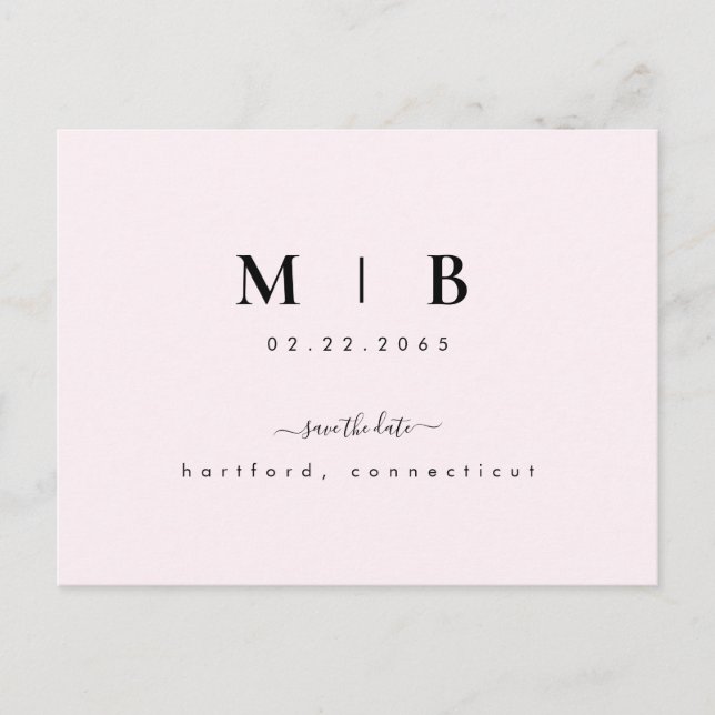 Simple Initials Swash Pink Wedding Save the Date  Postcard (Front)