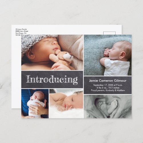 Simple Introducing Chalkboard Multiple Baby Photos Announcement Postcard