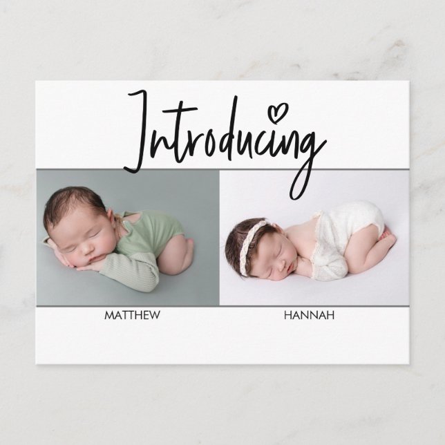 Simple Introducing Script Twins boy and Girl Birth Announcement Postcard (Front)