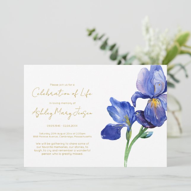 Simple Iris Celebration of Life Funeral Invitation (Standing Front)