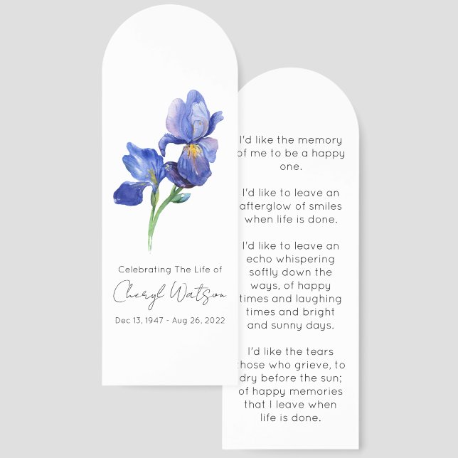 Simple Iris Funeral Memorial Bookmark (Front & Back)