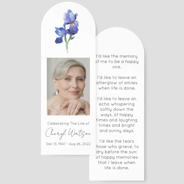 Simple Iris Photo Funeral Memorial Bookmark (Front & Back)