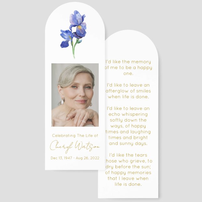 Simple Iris Photo Funeral Memorial Bookmark (Front & Back)