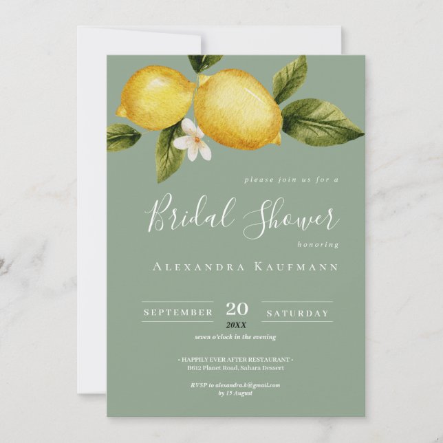 Simple Italia Lemon Calligraphy Bridal Shower Invitation (Front)