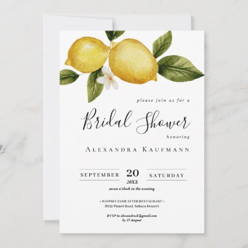 Simple Italia Lemon Calligraphy Bridal Shower Invitation