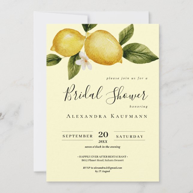 Simple Italia Lemon Calligraphy Bridal Shower Invitation (Front)